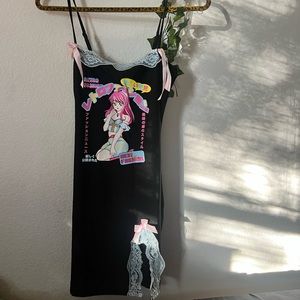 cute anime mini dress with pink bow and blue lace detailing